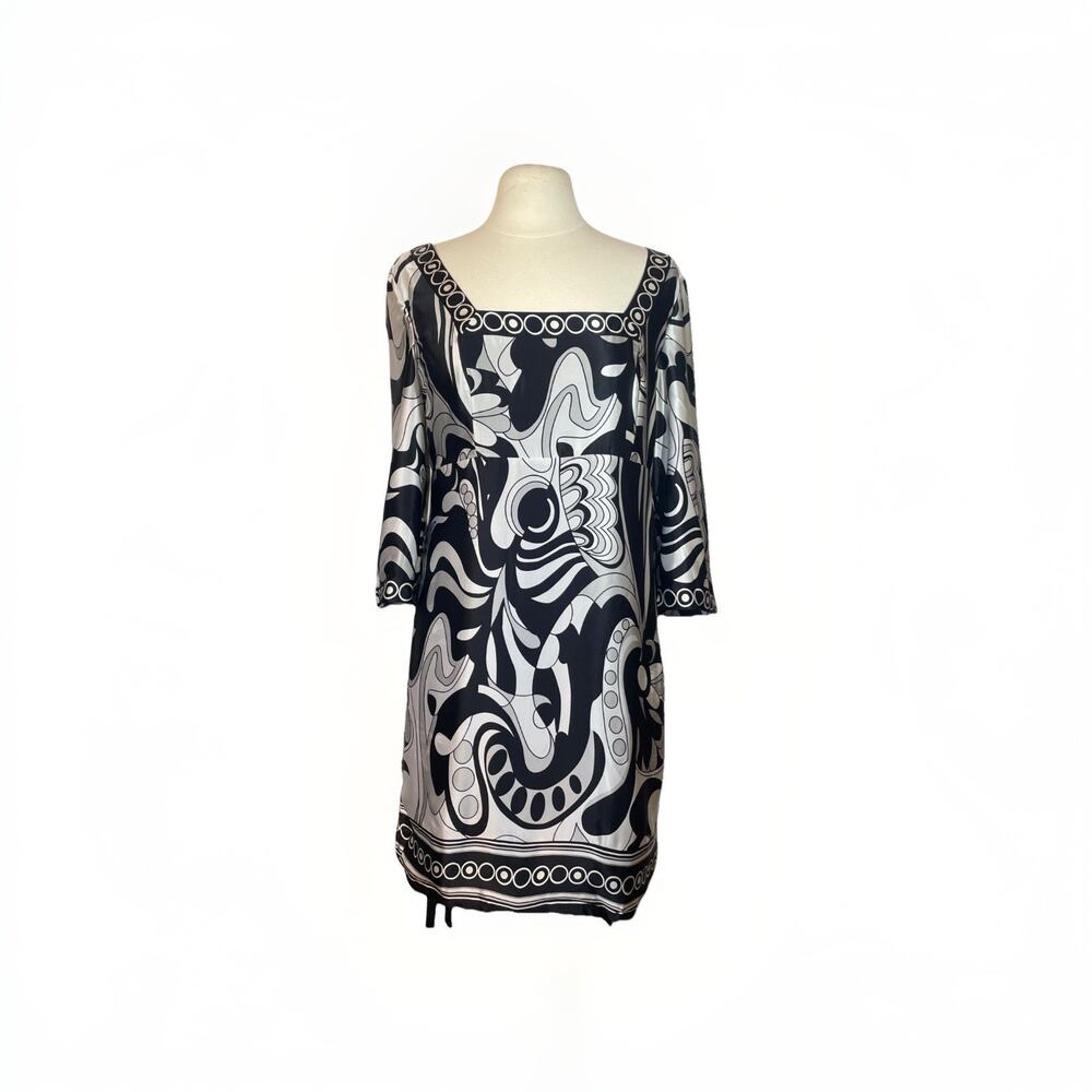 NWT White House Black Market 100% Silk Sz 12 Gray White Psychedelic Print Lined